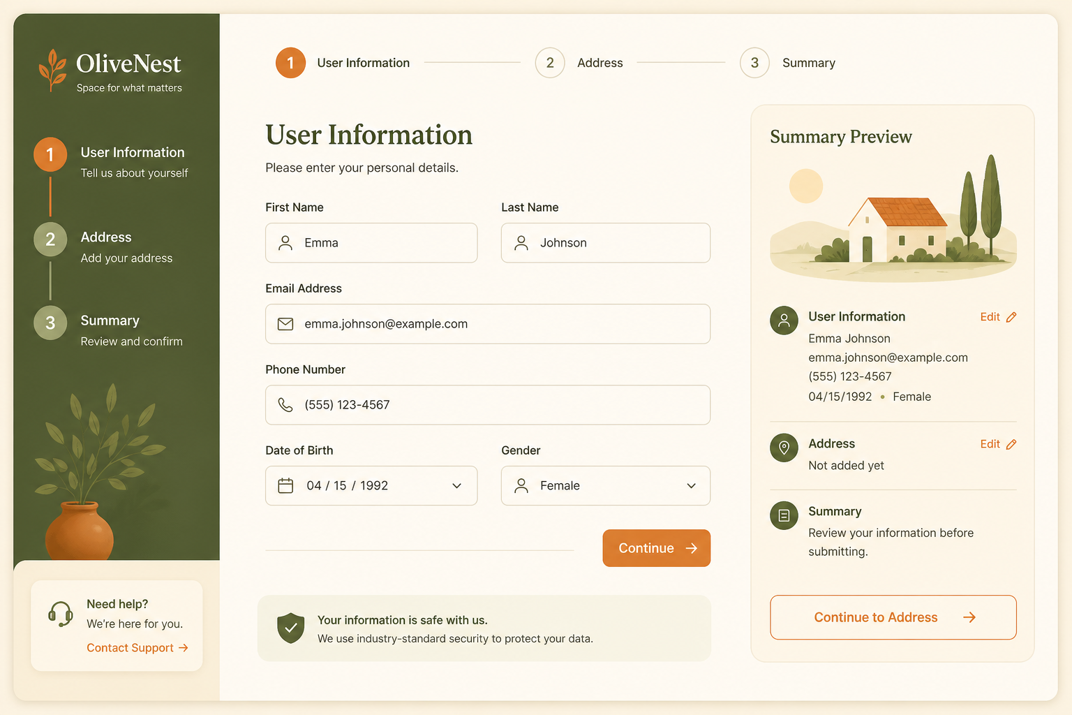Nowoczesny, wieloetapowy formularz z sekcją podstawowych informacji, adresu i podsumowania.